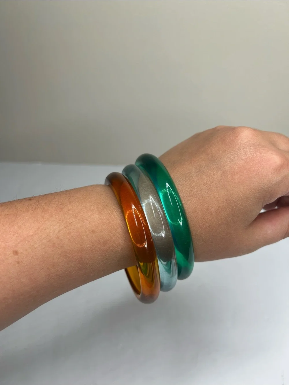 a.new day Glossy Iridescent Bangle Set - Amber, Teal, Aqua NEW WITH TAGS